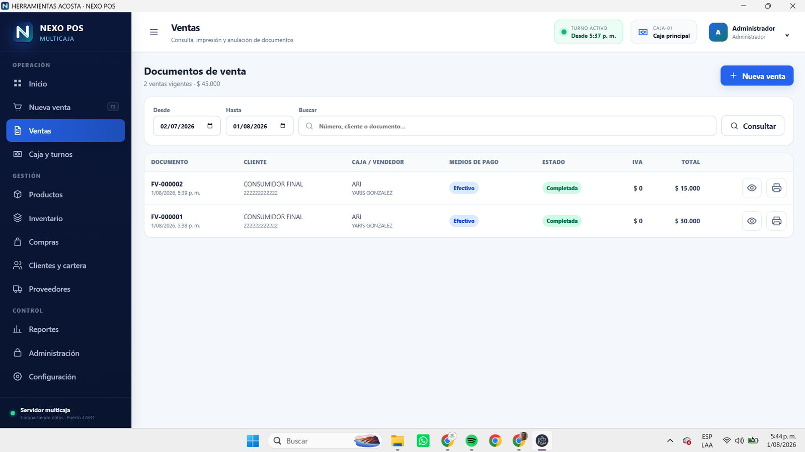 Pantalla de ventas del sistema de punto de venta